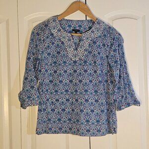 Talbots Shirt Womens MP Blue Floral Boho Print Tunic Top Blouse Light Airy Comfy